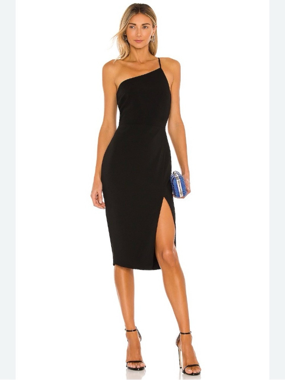 Lovers + Friends Lazo One-Shoulder Black Midi Sheath Dress Asymmetrical Small S